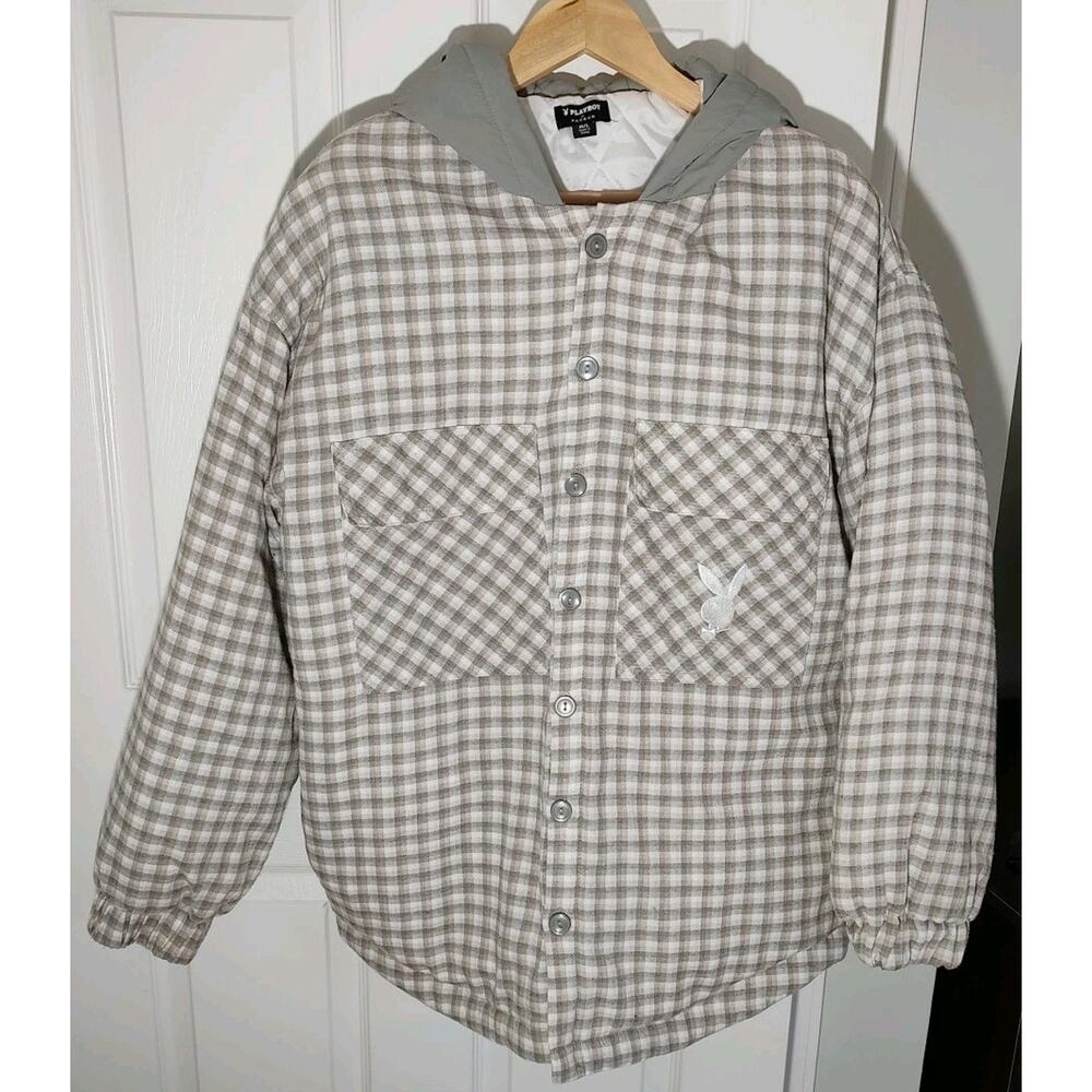 RARE Mens Pacsun Playboy Jacket Plaid Khaki Hood Quilt Lined Runs Big - Med/Larg